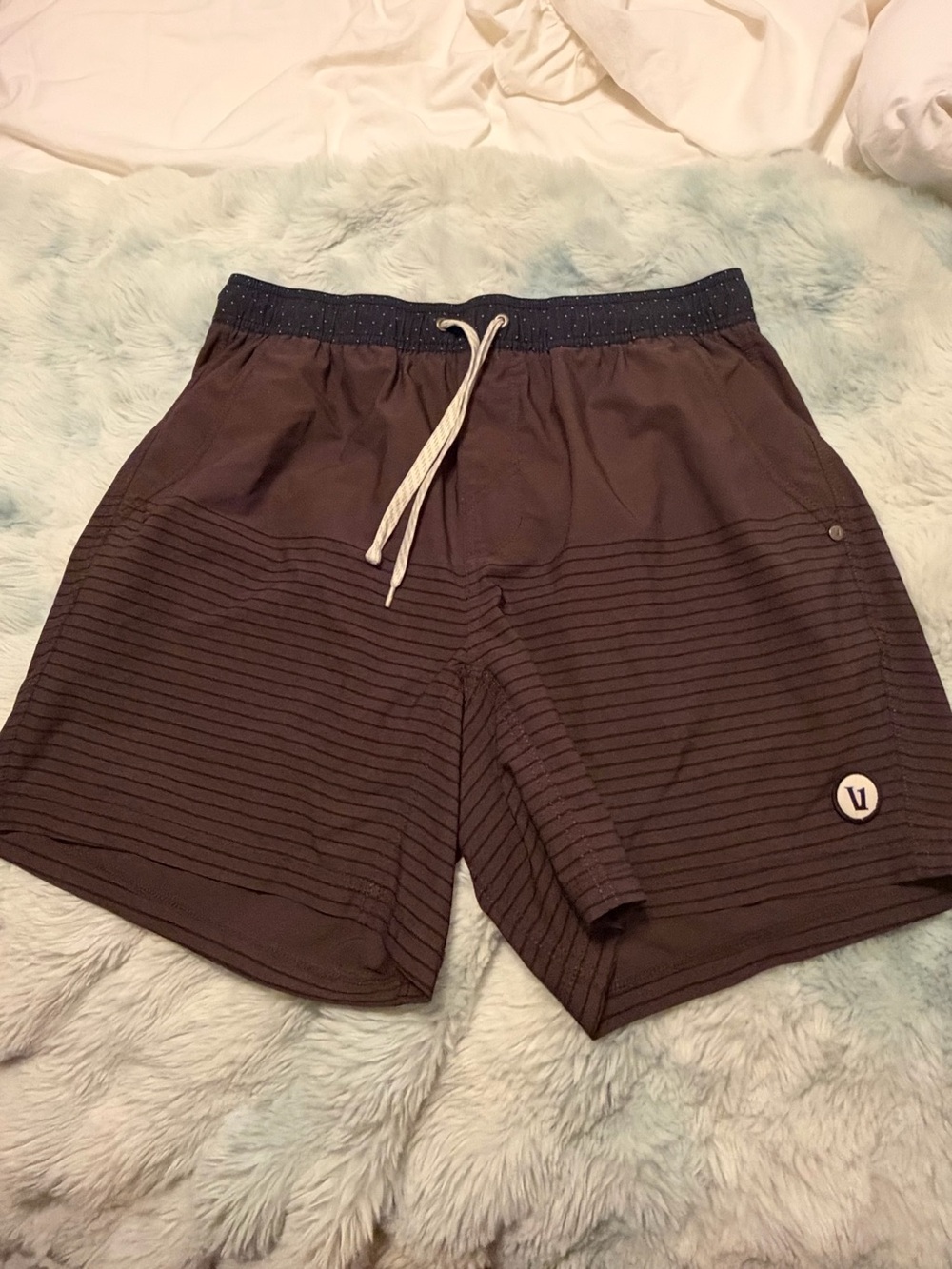 Vuori Men's Drawstring Shorts in Dark Brown with Subtle Stripes